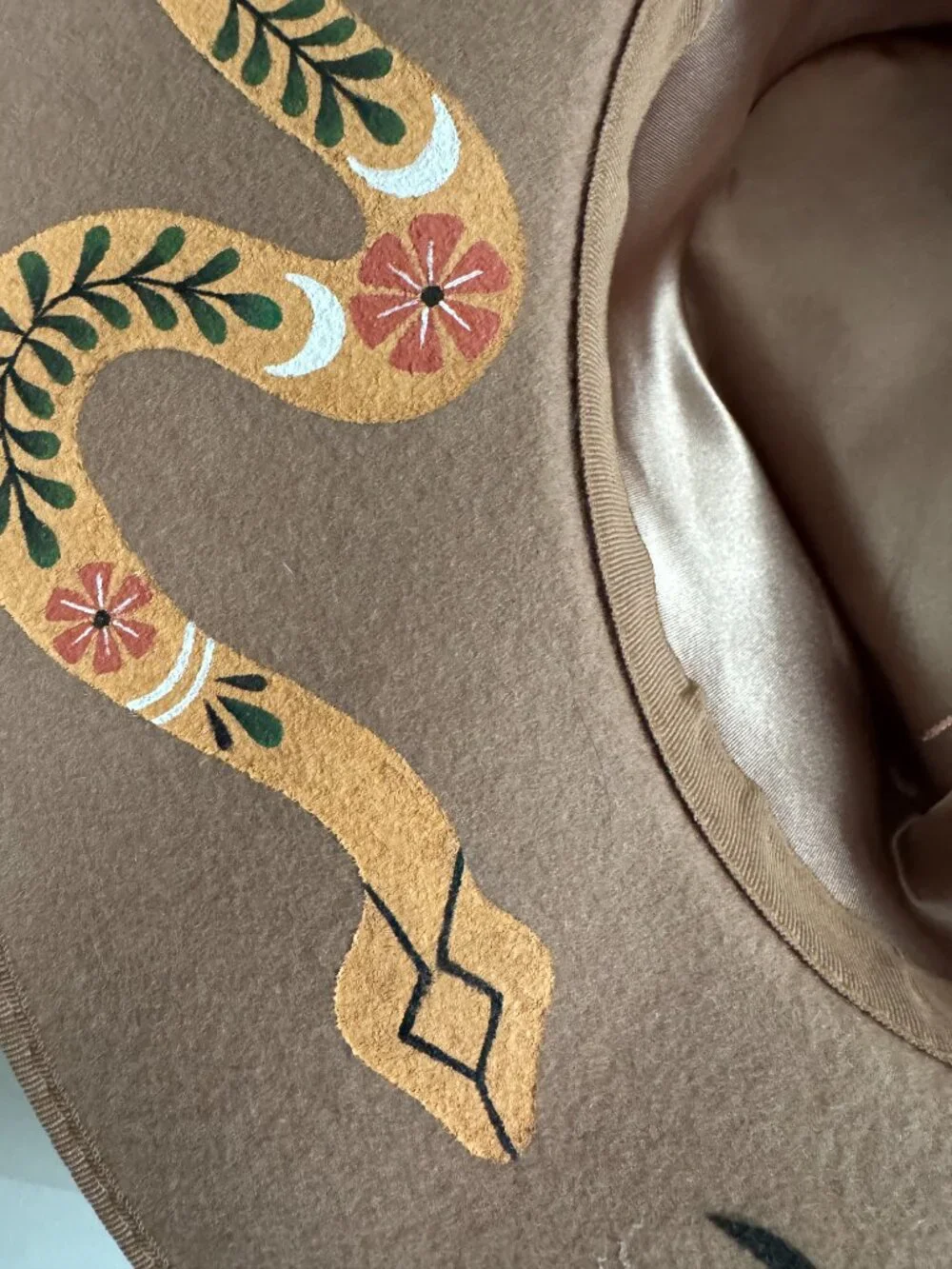 Hand-Painted Olive & Pique Wool Hat w/ Custom Artisan Snake & Moon Design